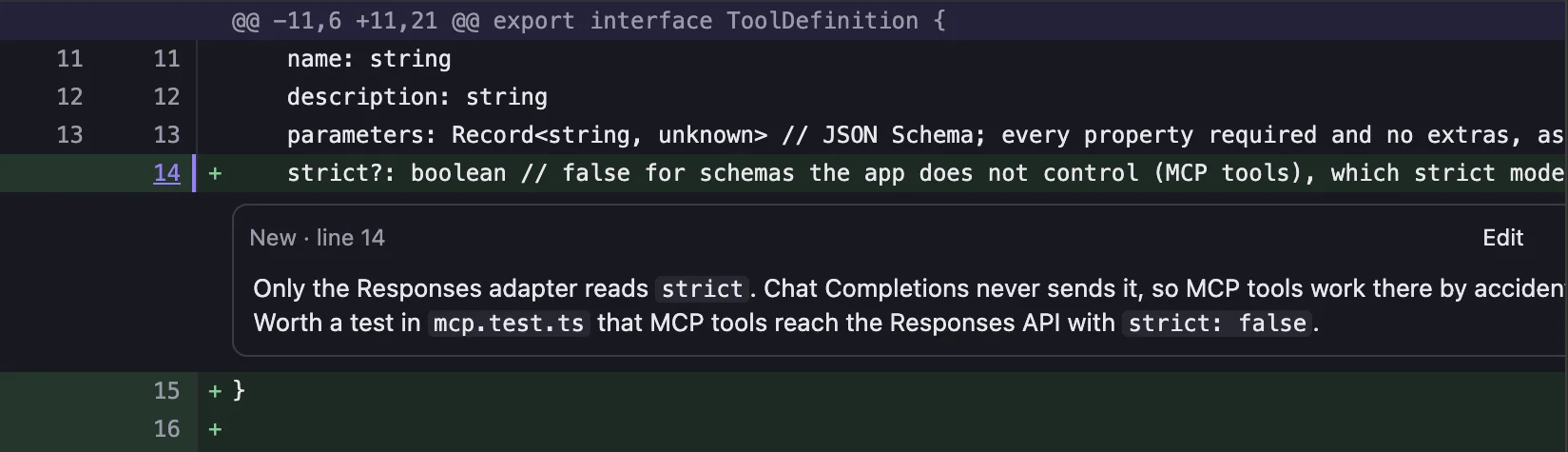 A comment under line 14 of a diff.