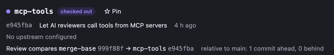 A branch preview showing the merge base and head commit the review compares.