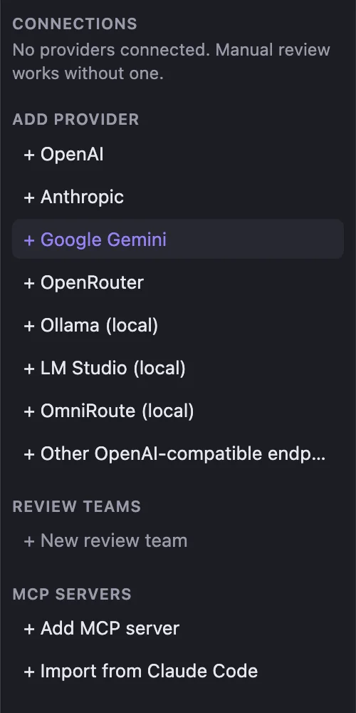 The list of AI providers you can connect, review teams, and MCP servers.