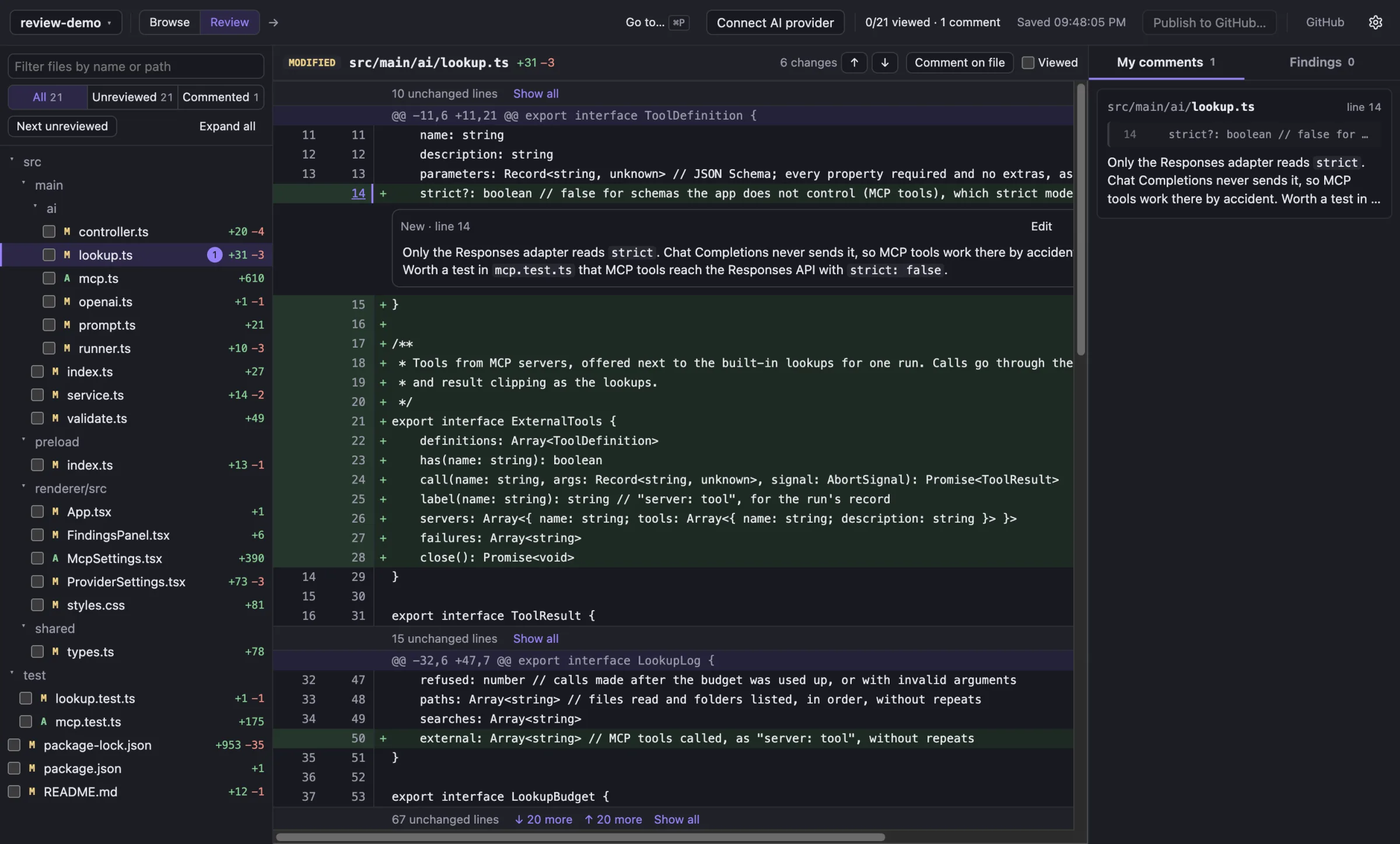 Review's diff view: a file tree of 21 changed files on the left, the diff of lookup.ts in the middle with a comment on line 14, and the comments list on the right.